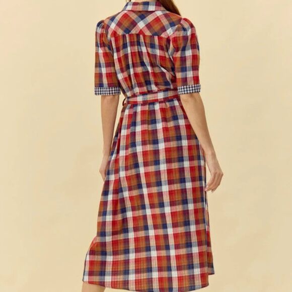 Jodifl Checkered Midi Shirt Dress w/Belt Sz Small Classic Academia Cottagecore - Picture 2 of 13